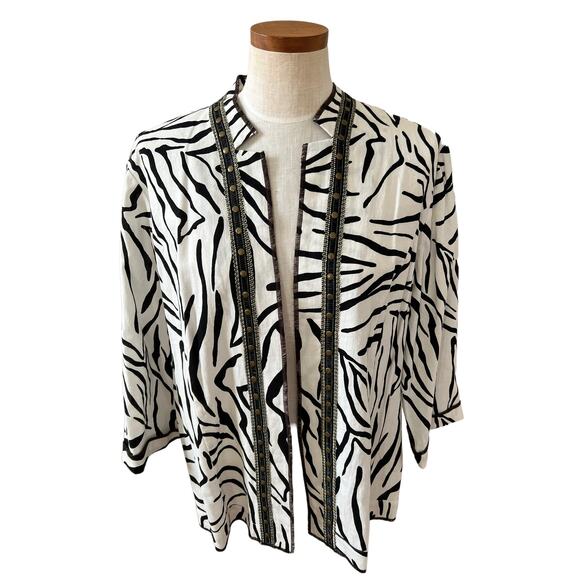 Chicos Collarless Open Front Jacket Linen Zebra Print 3 - Picture 1 of 6